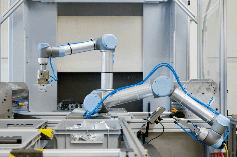 采用UR5协作式机器人为数控铣床给料，可提高零件质量和公司产能。